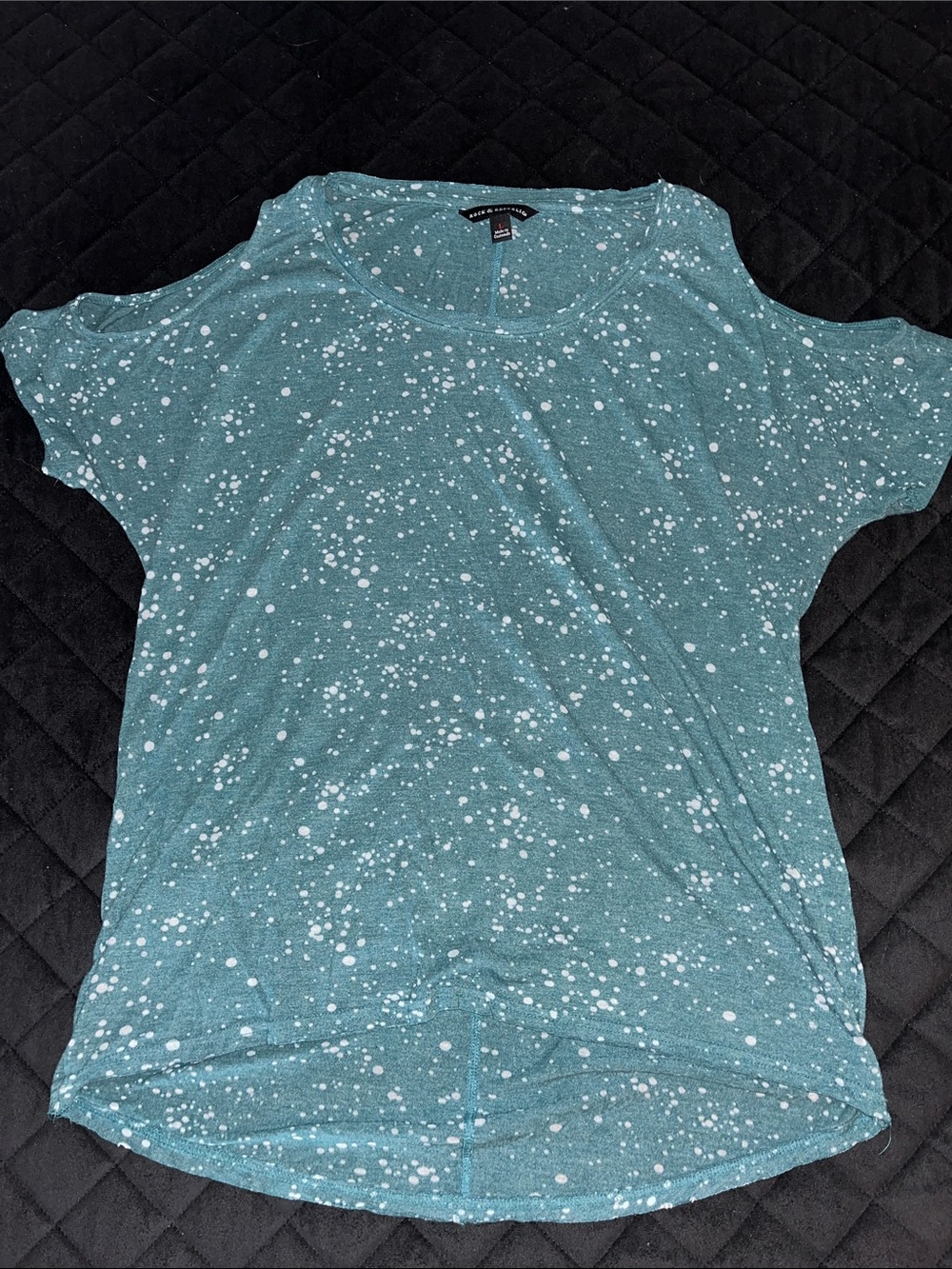 Rock & Republic Teal Splatter Cold-Shoulder Top